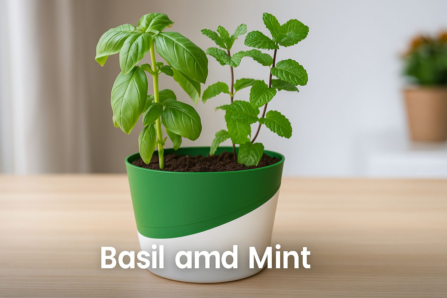 Basil and Mint herbs growing in a stylish self-watering pot by Urban Plant
